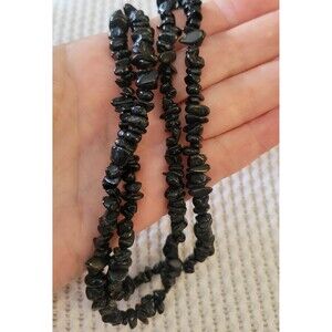 Natural Black Spinel Chip Double Strand Necklace – Boho Layering Jewelry (18-20"